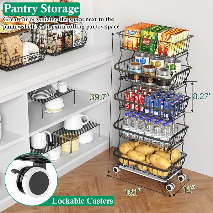 OKZEST 5 Tier Fruit Basket for Kitchen, Stackable Bins Wire Rack with Wheels, Fruit and Vegetable Storage Basket Pantry Food Snack Organizer Shelf, Kitchen Storage Cart for Onion and Potato, Produce | Kitchen pantry organizer rack with dirt catch tray,... - Image 2