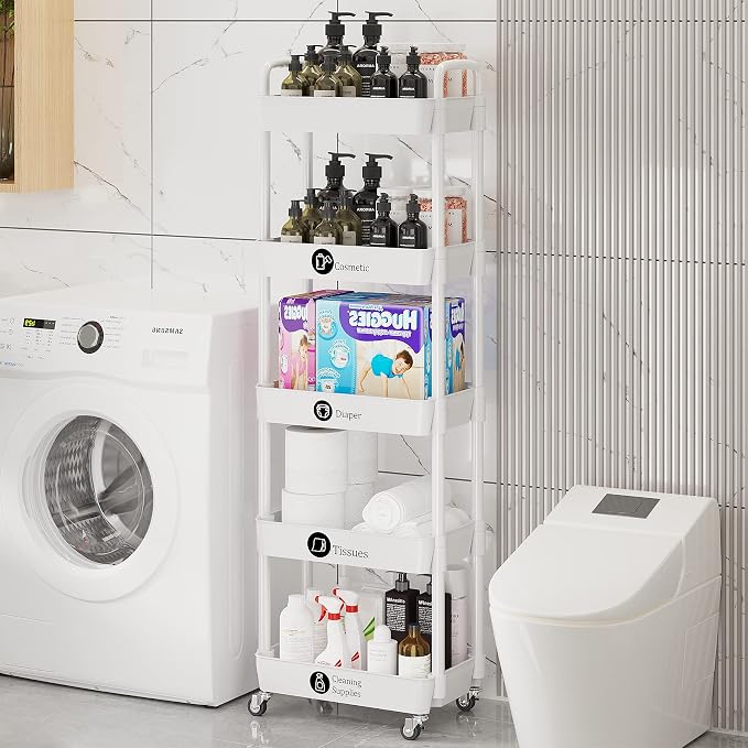 Laiensia 5-Tier Rolling Cart with Wheels,Multifunction Utility Storage Carts, Kitchen Storage Organizer,Mobile Shelving Unit for Bathroom,Laundry,with Classified Stickers,White - Image 3