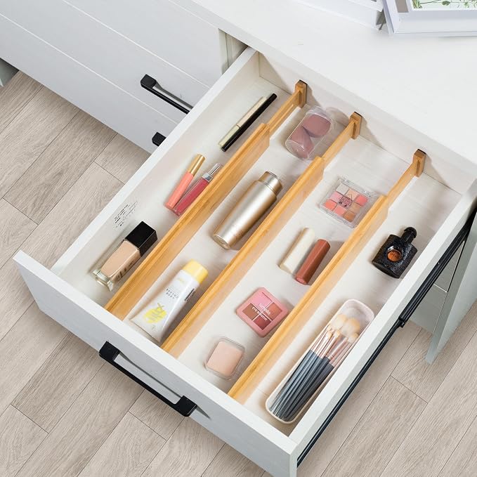 VaeFae 12-Pack Adjustable Bamboo Drawer Dividers, Expandable Drawer Organizer for Kitchen Utensils, Clothes, Bathroom, Office – Fits Drawer Interiors 16.6" to 21.8" - Image 6