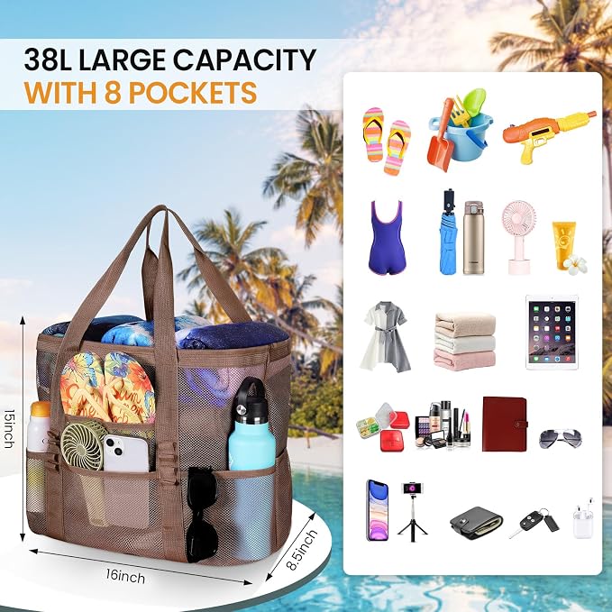 Tavaleu Mesh Beach Bag, Large Capacity Beach Tote, Multi Pockets, Sandproof | Mesh Material, Multiple Storage Pockets, Lightweight & Foldable Design, For Beach & Pool Use, Easy to Clean & Quick Dry - Image 4