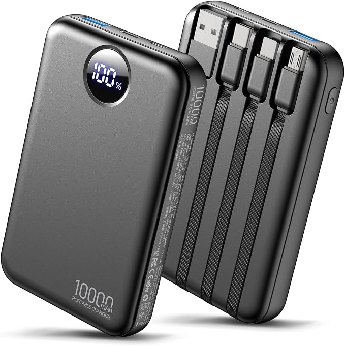 Portable Charger 10000mAh with 4 Built-in Cables 40% Smaller | Power Bank Fast Charging Battery Pack,LED Display Compact with Travel Charger for iPhone Other Devices-Black by Zmmyuluo