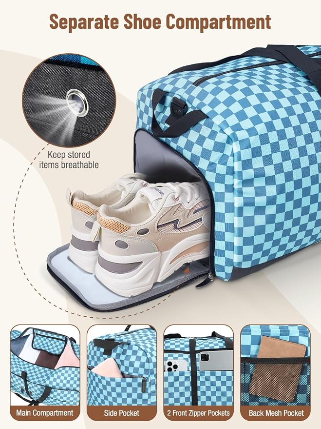 Lekesky Foldable Travel Duffle Bag for Women, Large Duffel Bag with Separate Shoes Compartments & Straps, Carry On Weekend Bag for Women, Hospital, Overnight (Green Gingham, 80L) - Image 4