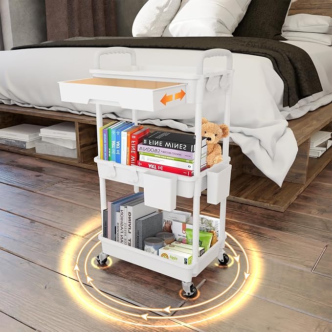 3 Tier Rolling Utility Cart with Drawer,REBECAT Utility Cart Made of Multifunctional Storage Organizer Tool for Kitchen,Bathroom,Living Room,Office(White) - Image 3