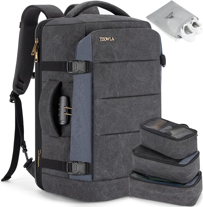 Tzowla 40L Canvas Expandable Travel Laptop Backpack for Men Women Carry on Flight Approved,Large Capacity Anti Theft Backpacks,Vintage Personal Item Bag Fit 17.3" Laptop(Black & Blue) by Tzowla