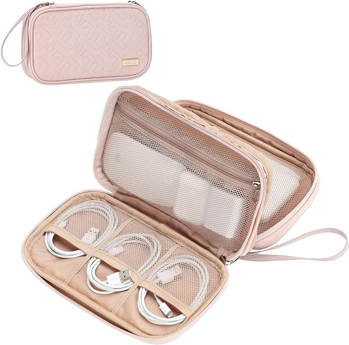 NISHEL Electronics Travel Organizer Cord Case, Charger Cable Tech Bag | Double-layer bag keeps chargers, cables, flash drive, and small tech essentials organized for trip, Medium, Pink by NISHEL