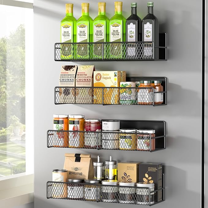 DTUQYX Magnetic Spice Rack for Refrigerator, 4 Pack 100% Metal Strong Magnet Fridge Shelves, Space Saving Spice Organizer, No Drilling Moveable Home Kitchen Laundry Room Storage Organization, Black by DTUQYX