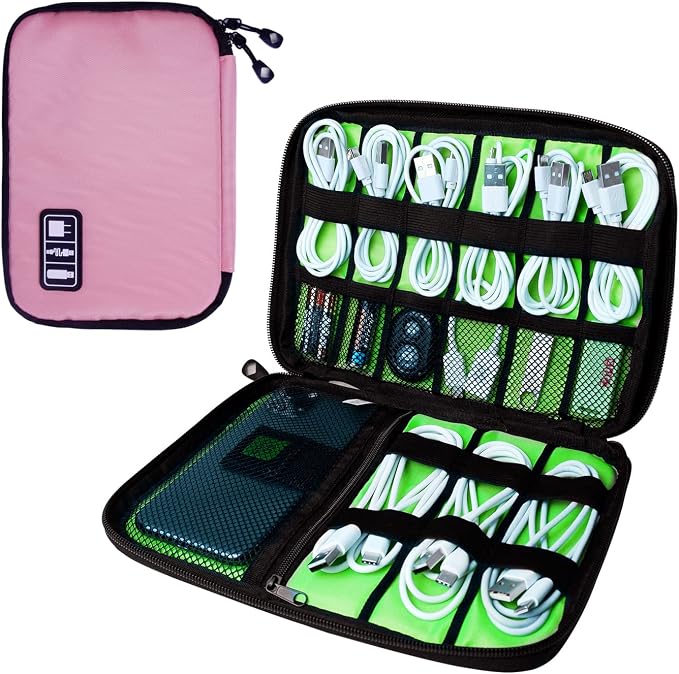 Lcsmaokin Electronics Travel Organizer,Portable Waterproof Electronic Travel Storage Bag for Small Charging Cord Storage,Charger,SD Card etc,for Travel,Business -Pink Green - Image 2