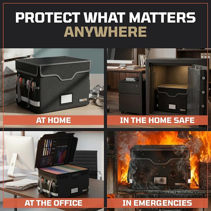 FIRESHIELD PRO 5200°F Fireproof Document Box with Lock – Portable Water Resistant File Organizer for Hanging/Legal Folders – Safe Storage for Home, Office or Travel – Black, Size: 16.1" x 12.9" x 11" - Image 3