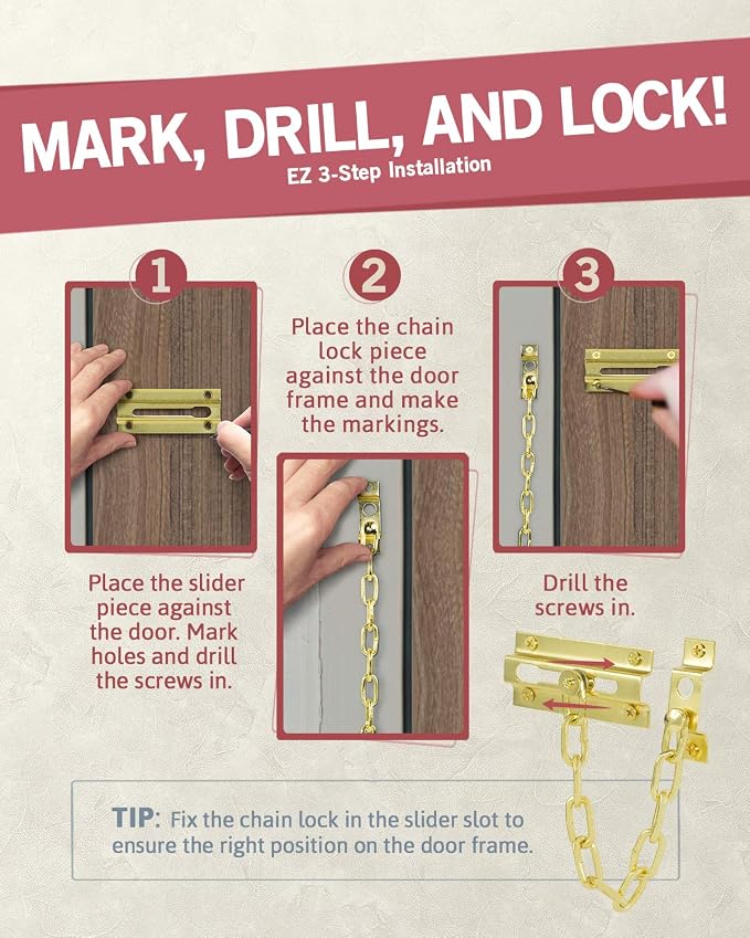 Jack N'Drill 2 Pack Door Chain Lock, Exclusive Chain Door Lock with Extended Chain Length, 100% Child Proof Safety, Heavy Duty Chain Locks for Inside Door and Extra Front Door Lock (Brass Plated) - Image 4