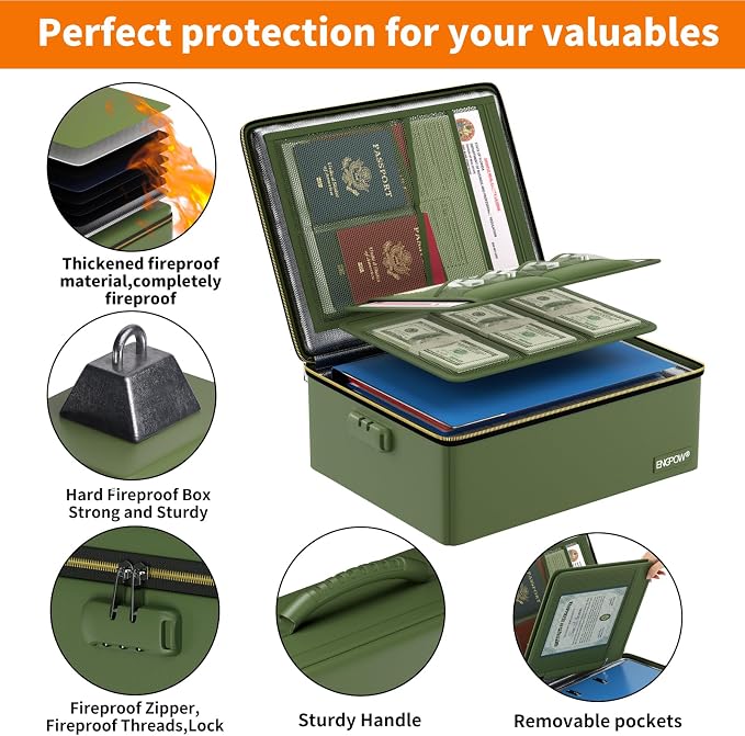 ENGPOW Fireproof Document Box with Lock & Heat-Resistant Fireproof Zipper | 6400°F 12-Layer Fire Protection, Hard File Organizer with Pockets, Portable Home Chest Safe Storage for Money,Jewelry, Green - Image 4