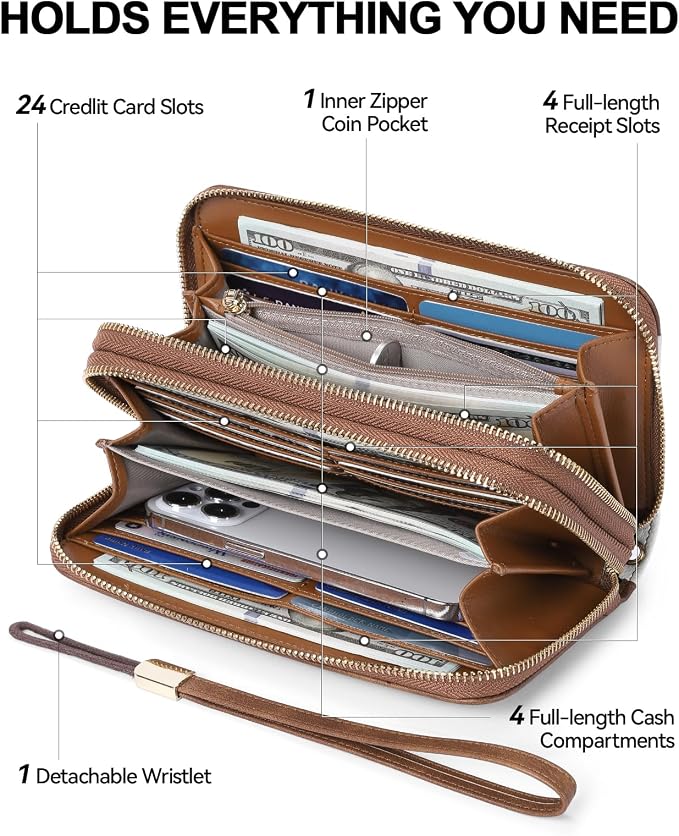 BOSTANTEN Wristlet Wallets for Women RFID Large Capacity Clutch Wallet | 24 Card Slots, 2 Zipper Pockets, Phone ＆ Card Holder, Zip Around, Hand Strap, Vegan Leather, Great Gifts - Image 2