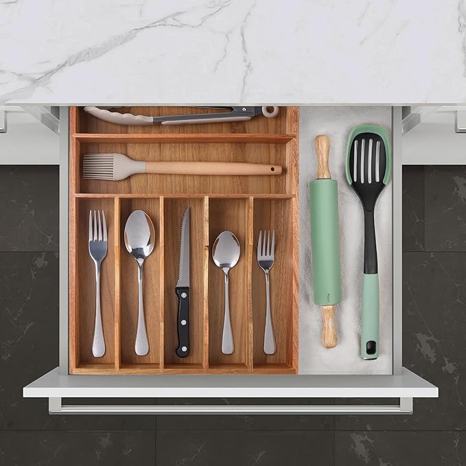 Kitchen Acacia Silverware Organizer - Extra Deep Grooved Drawer Divider, 7 Slot Utensil Organizer - Image 9