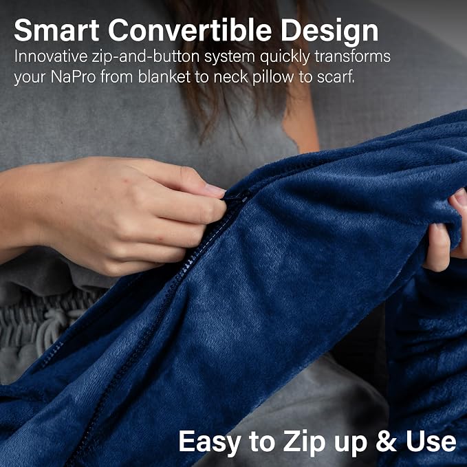 NAPRO 3‑in‑1 Travel Blanket Pillow Scarf – Convertible 50×80″ Blanket, 12×16″ Pillow, 80″ Infinity Neck Pillow – Lightweight, Plush – Navy Blue - Image 5