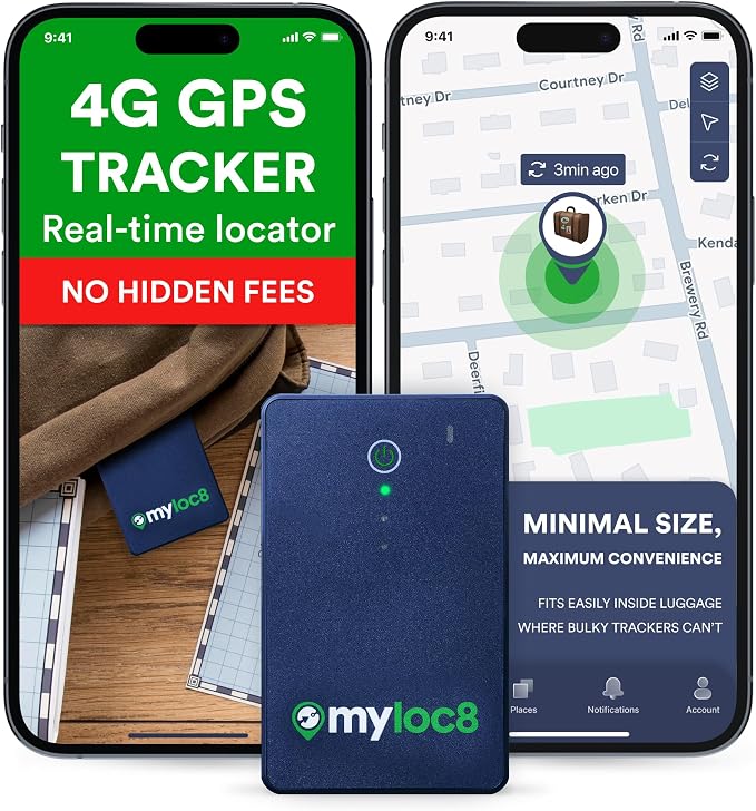GPS Luggage Tracker for Suitcases TSA Approved, Android & iOS Compatible-Smart Tag with Bag Opening Alert - Real Time Tracking Device for Travel, Car, Trailer– Long Battery Life-Subscription Required by MyLoc8