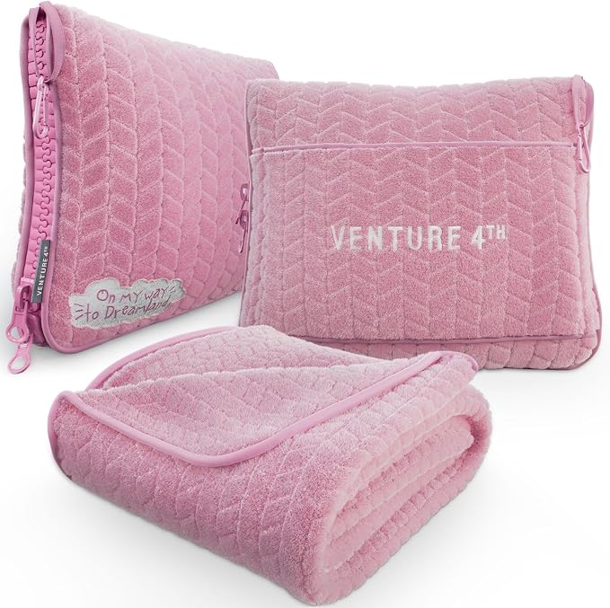 VENTURE 4TH Travel Blanket Pillow, 2-in-1 Soft Plush - Pink | 68"x42" ultra-soft micro plush Blanket. Folds into portable Pillow Case with Travel Sleeve & Clip. Lint-free, no shedding. by VENTURE4TH