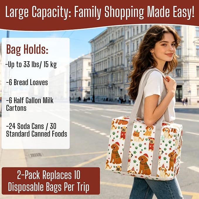 VENO 2 Pack Utility Tote Reusable Grocery Bags with Zipper & Hard Bottom | Heavy Duty Foldable Water-Resistant Shopping Bags for Summer Beach, Pool, Picnic & Travel Carry-on (Holiday Pups, 2 Pack) - Image 6
