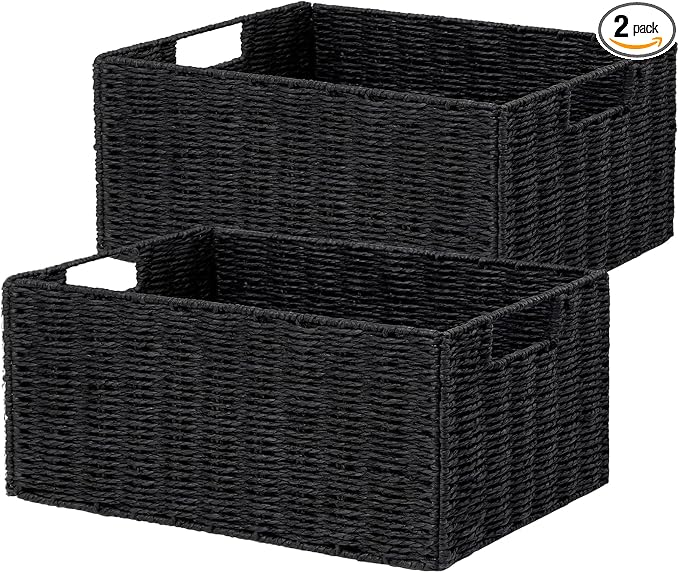 Wicker Storage Basket, Set of 2 Black Wicker Baskets for Bathroom | Hand-Woven Wicker Small Storage Baskets for Organizing Toilet Paper, Foldable Large Cube Storage Organizer Bin for Shelves by Vagusicc