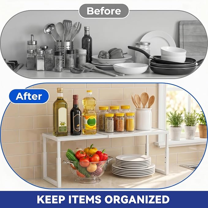 Expandable Cabinet Shelf Organizer, Stackable Countertop Shelves, White | 15.8''- 25.5'' In Cabinet Shelf, Adjustable Kitchen Cabinet Organizer for Pantry Organizer, CupBoard Organizers and Storage - Image 2