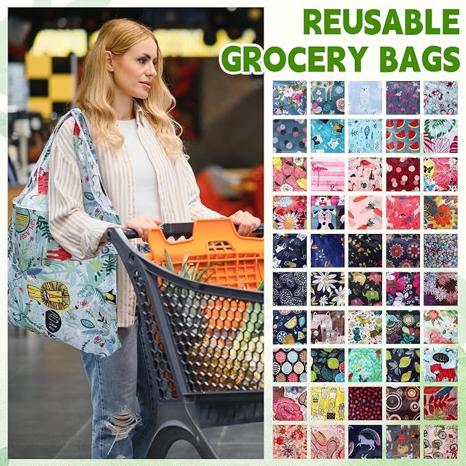 Tanlade Reusable Shopping Foldable Grocery Bags Bulk Large Tote Bags with Handle for Kitchen Supermarket Washable 50 Patterns - Image 6