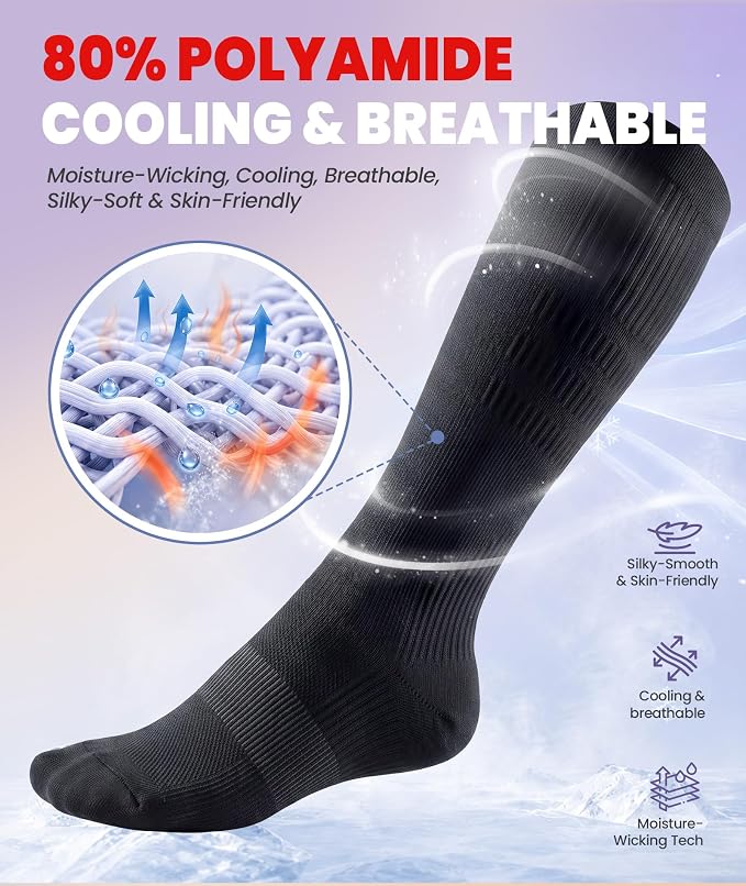 PULIOU Cooling Compression Socks for Women Men, 20-30 mmHg Circulation Knee High for Travel, Flying, Running, 2 Pairs - Image 3