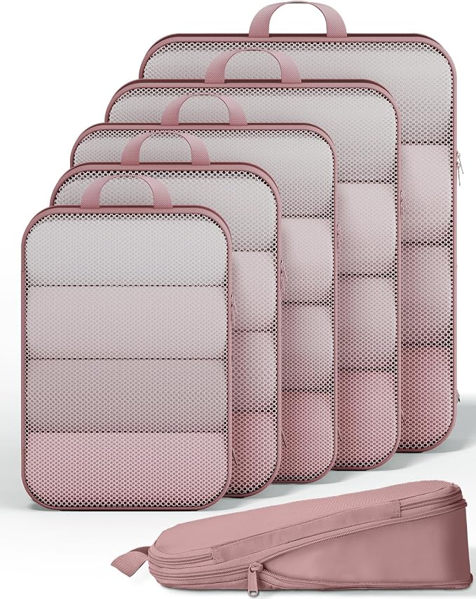 Veken 6/9/11 Set Compression Packing Cubes Garment Bags for Travel Essentials,Compressible Expandable Luggage Organizer Bags for Clothing,Space Saver Bags with Over 1000 pcs of Mesh Holes(Light Coral) by Veken