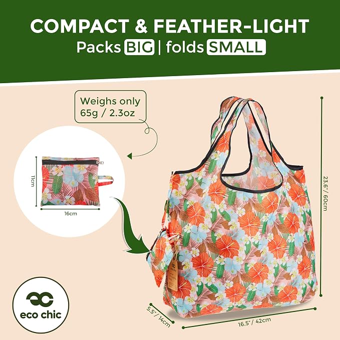 ECO CHIC Foldable Reusable Large Grocery Bags - Foldable Grocery Bags - Lightweight, Recycled & Reusable Shopping Bag - Waterproof, Packable Tote Fitting in Fine Grocery Bag Carrier - Image 4