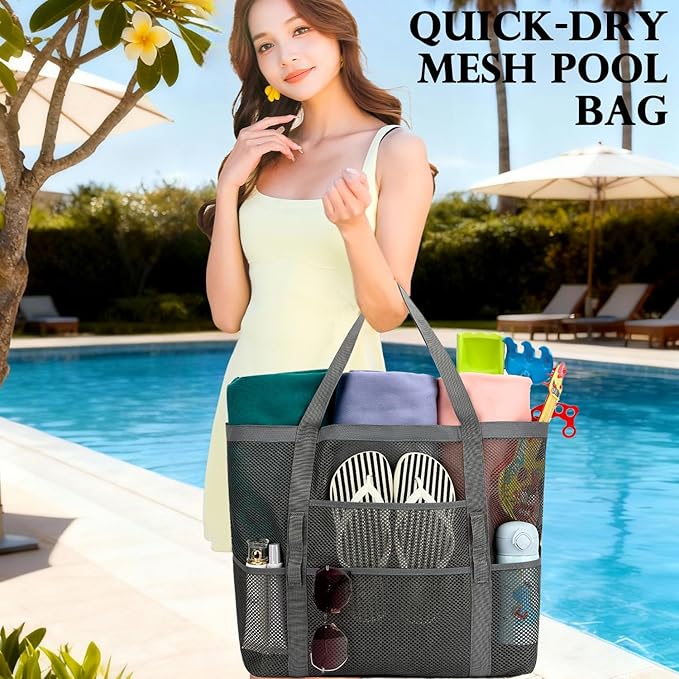 Fammart Mesh Beach Bag for Women, Large Beach Toy Pool Bag with Zipper Pocket, SandProof Cruise Essentials 2026 Family Travel - Image 2