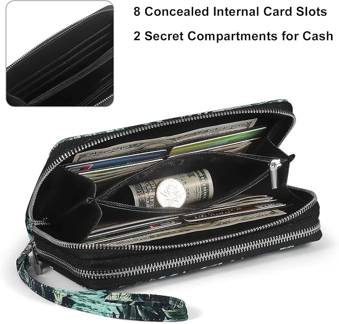 RFID Blocking Cellphone Wallet for Women with Wrist Strap, Double Zipper Travel Clutch Purse Large Capacity, Palm Leaf - Image 4