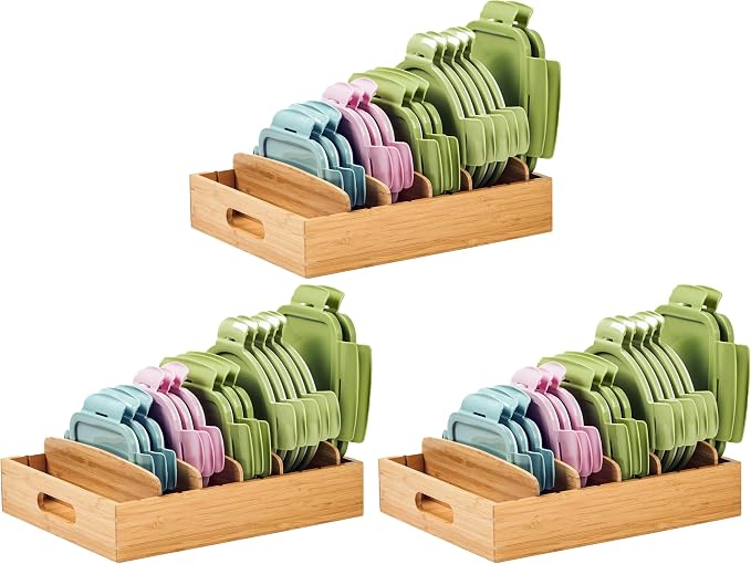 Large Bamboo Food Container Lid Organizer for Kitchen Cabinet (Pack of 3) by Umilife
