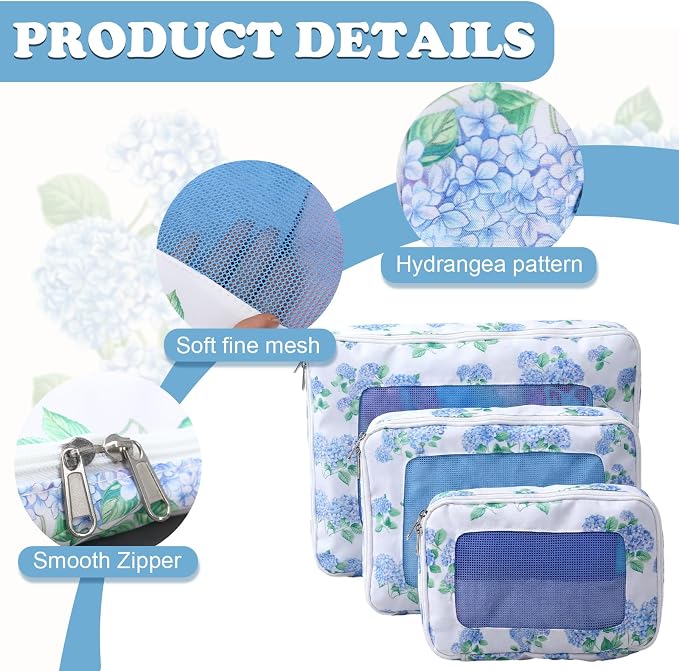 Shinylin 3 Pack Compression Packing Cubes for Travel 3 Size Clothing Bags with Mesh Window for Travel Home Underwear Clothes Accessories Organization Women (Blue Floral) - Image 3