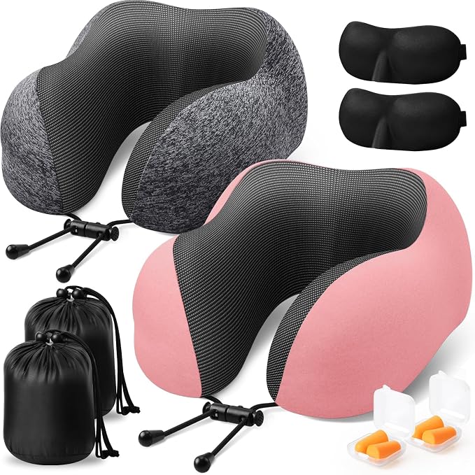 ExploreBliss Travel Pillow, Neck Pillow Airplane, Grey & Pink | Travel Pillows for Airplanes, Neck Pillow Airplane, Memory Foam Neck Pillow Set with Eye Mask, Earplugs by ExploreBliss