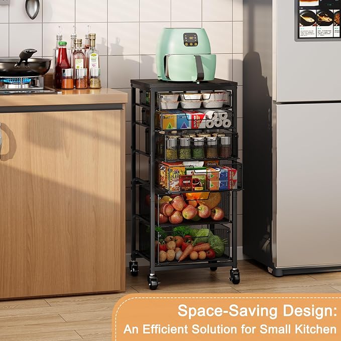 6-Tier Kitchen Storage Cart -Fruit Vegetable Storage Cart with Drawers, Wooden Top Metal Wire Kitchen Organizer and Storage Cart with Wheels to Storage Onions Potatoes Cans Snacks for Kitchen - Image 5