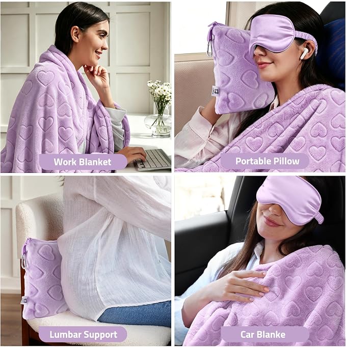 Travel Blanket, Airplane Blanket, Ultra-Soft, Warm & Lightweight, 65x40 in, Outdoor Blanket Essentials for Women, Men & Kids, Included Eye Mask, Luggage Sleeve & Backpack Clip Heart Purple - Image 4