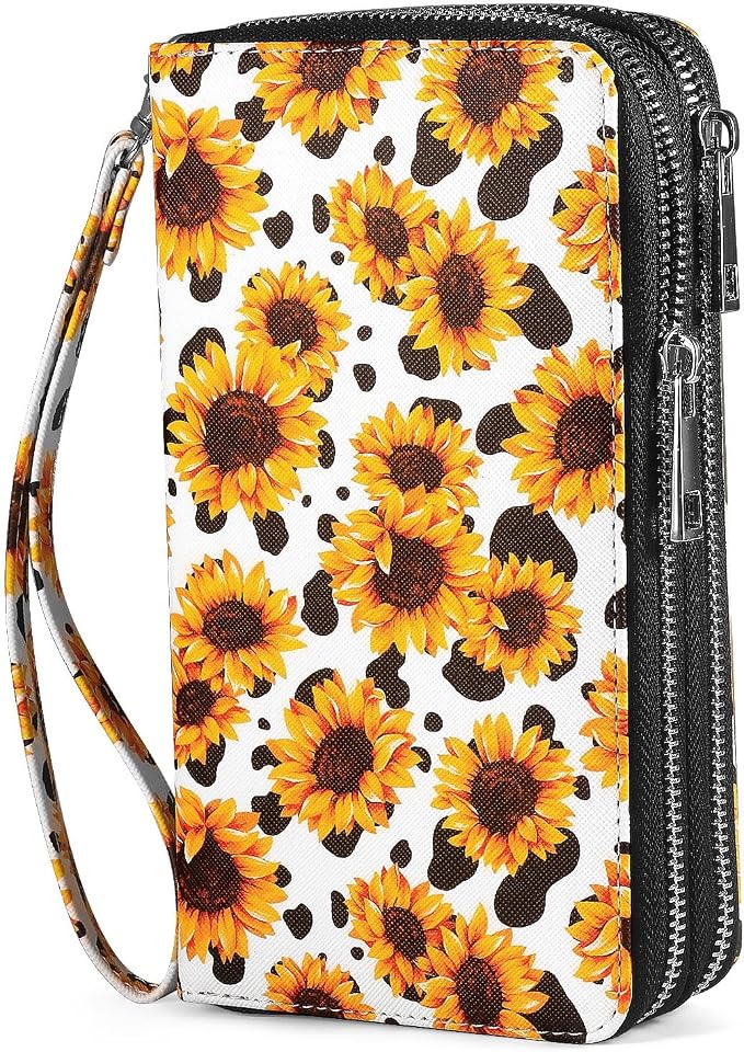 RFID Wallet with Phone Pocket for Women - Double Zipper Wristlet Purse Large Capacity, 17 Card Slots, Coin Pocket, Cow Sunflower by HAWEE