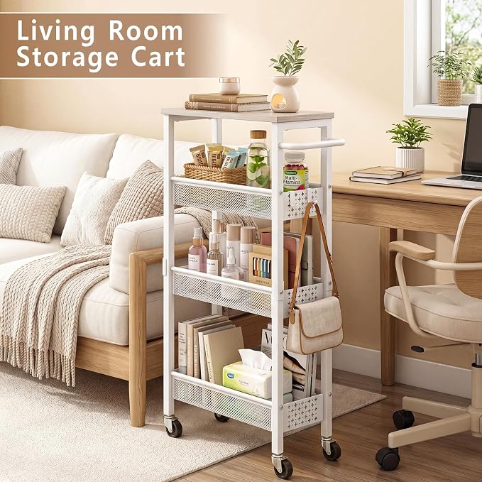 Utility Slim Rolling Storage Cart, 4-Tier Narrow Metal Organizer with Wood Top, 7.1" Width Utility Cart for Kitchen, Bathroom, Laundry Room, Small Spaces, White - Image 8