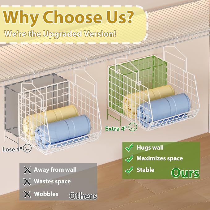 6 Tier Extended Depth Hanging Closet Organizer, Closet Storage Hanging Shelves with Hanging Hooks for Clothes Sweaters Towels Handbags, Stackable Metal Mesh Bins For Closet, Laundry, Bathroom, Dorm - Image 4