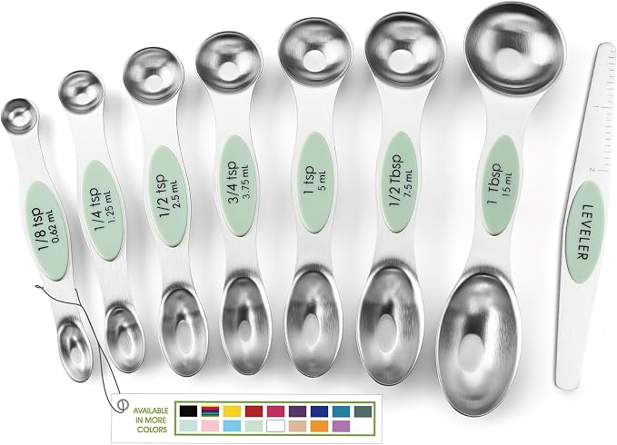 Spring Chef Stainless Steel Magnetic Measuring Spoons Set of 8, Pistachio | Nesting Metal Teaspoon & Tablespoon Measuring Spoons with Leveler for Dry & Liquid Ingredients, Dual Sided, Dishwasher Safe by SpringChef