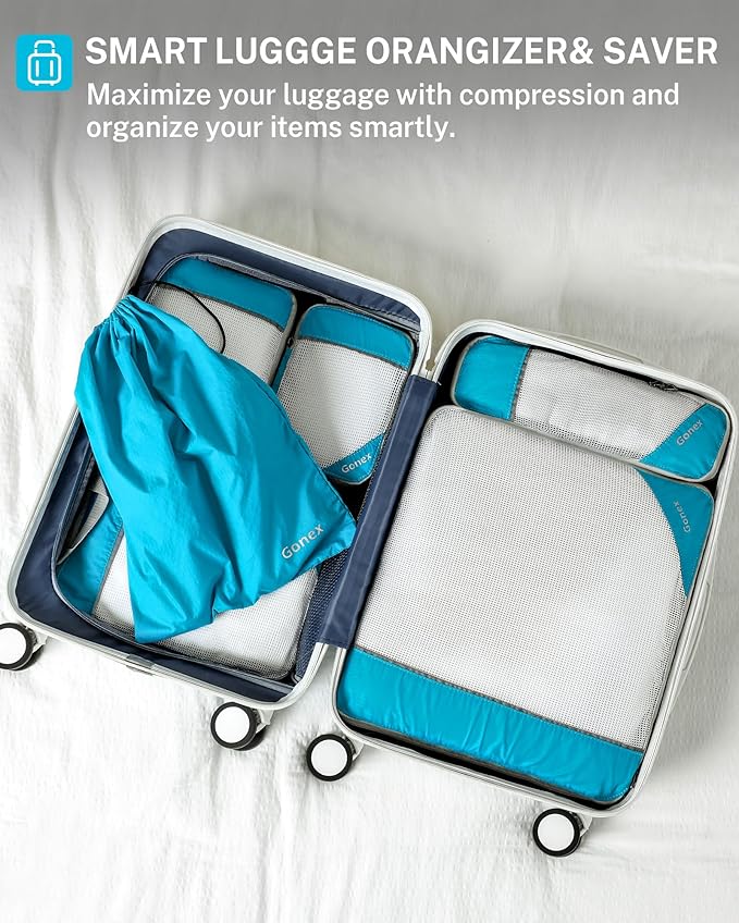 Gonex Compression Packing Cubes for Travel, Mesh Bags Luggage Organizers | Set of 4/5/6/7/10 for Essentials, Extensible, Fits 20"Carry-on Suitcases, See-through Mesh, Double Zipper Compression - Image 6