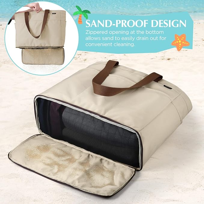 GAGAKU XL Beach Bag with Zipper & Cooler Pockets | Sand-Proof Foldable Large Tote Bag for Cruise, Travel, Family, Women - Image 5