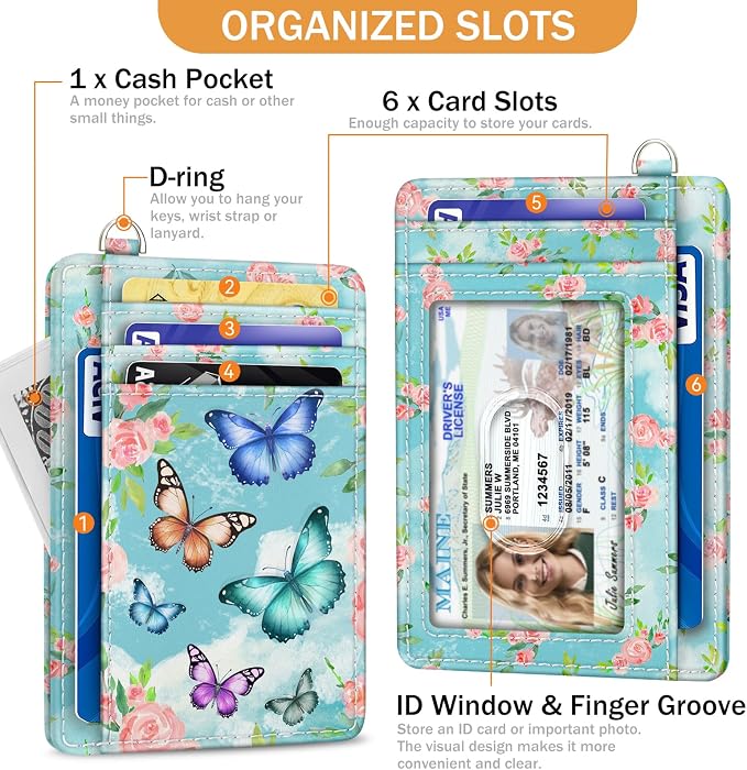 Yonlevres Credit Card Holder Slim RFID Wallet Women Small Butterfly Travel | Front Pocket, Handy, RFID Blocking, Woman Girls Ladies Gifts, D-ring for Keychain,Thin Mini Card Case, ID Window, PU Leather - Image 4