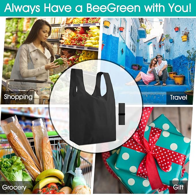 BeeGreen Black Reusable Grocery Bags Shopping Bags for Groceries 12 Pack Heavy Duty - Foldable Polyester Grocery Totes with Handles and Zipper Bag, Large Travel Washable Holiday Tote Bag Bulk​ - Image 2