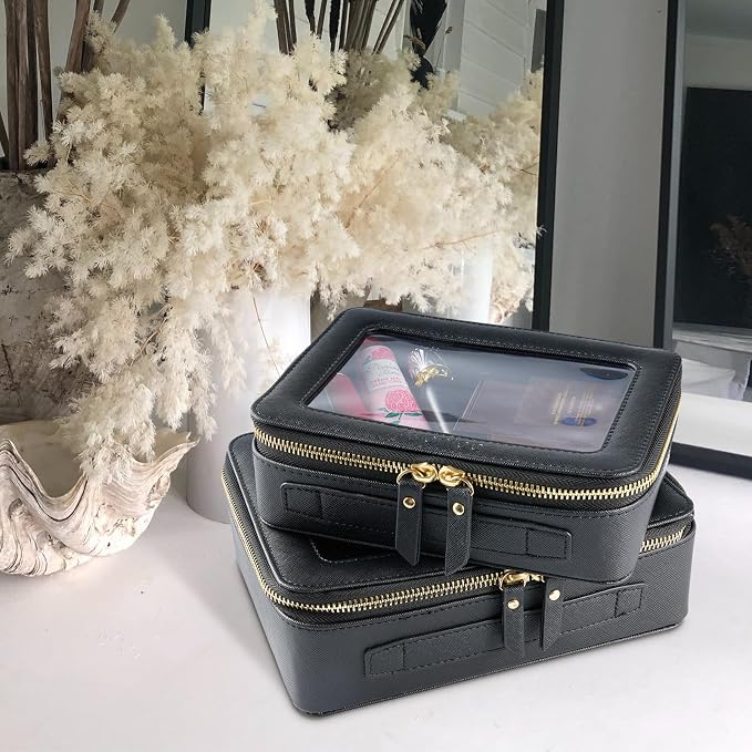 Aveniee Clear Makeup Bag Set,Portable Travel Toiletry Bag Cosmetic Case for Women,Vegan Leather Make Up Pouch Organizer Car Bag for Essentials 2pcs,Middle & Large,Black - Image 3