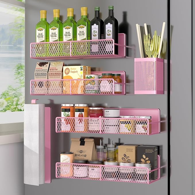 Magnetic Spice Rack for Refrigerator, 6 Pack Metal Magnetic Shelf Pink, Moveable Spice Organizer, Strong Magnetic Storage Fridge Organizer with Paper Towel Holder, Utensils Holder by DTUQYX