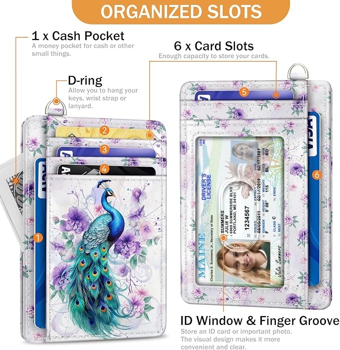 Yonlevres Peacock Credit Card Holder Slim RFID Wallet Women Wristlet Small | Front Pocket, Handy, RFID Blocking, Woman Girls Ladies Gifts, D-ring for Keychain,Thin Mini Card Case, ID Window, PU Leather - Image 4