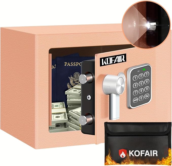 KOFAIR Safe Box for Home Safe (0.23 Cubic Feet) with Fireproof Bag, Personal Money Safey for Cash Saving, Mini Safey with Key, Digital Safety Box with Light, Money Lock Box (Gold Khaki) by KOFAIR