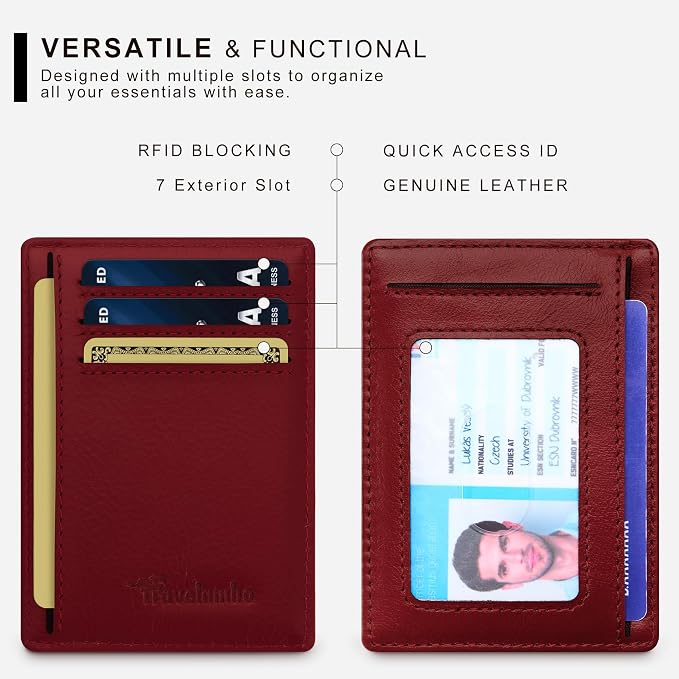 Travelambo 100% Genuine Leather Wallet for Men and Women, Slim Minimalist RFID Blocking Front Pocket Credit Card Holder with Gift Box(Red 963) - Image 4