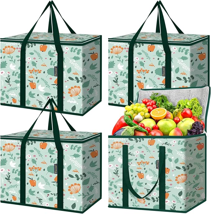 BALEINE 4Pk Insulated Reusable Grocery Bags, Collapsible Cooler Bag for Groceries, Heavy Duty Large Insulated Bag (16''x9''x13'', Spring Stroll) by BALEINE