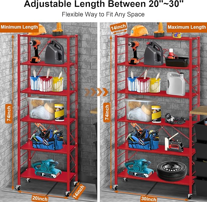 Himix 6-Tier Expandable Storage Shelves Wheels Foldable Shelf Garage Red | Folding shelving units, Metal collapsible organization, Changeable into 2 shelf units, Adjustable, Basement, Holds 3600 Ibs - Image 2