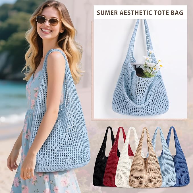 Sightor Crochet Tote Bag, Mesh Beach Bag Knit Summer Hobo Bag for Women | Beach Tote bag Vacation Outfits Aesthetic Boho Bag - Image 6