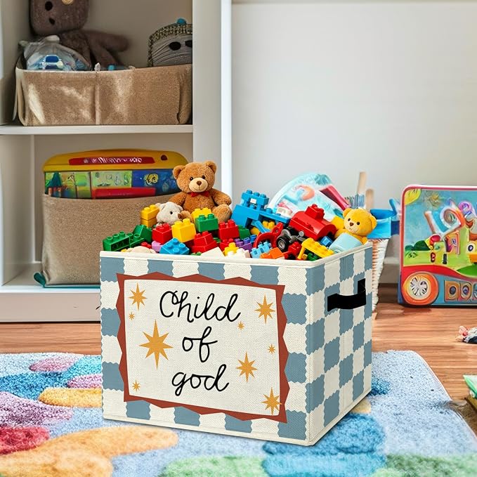 Christian Religious Cheerful Storage Bins Box with Handles Organizer Basket | farmhouse faith foldable basket for organizing, stars gingham collapsible toys clothes for playroom nursery bedroom, 10x14 in - Image 2